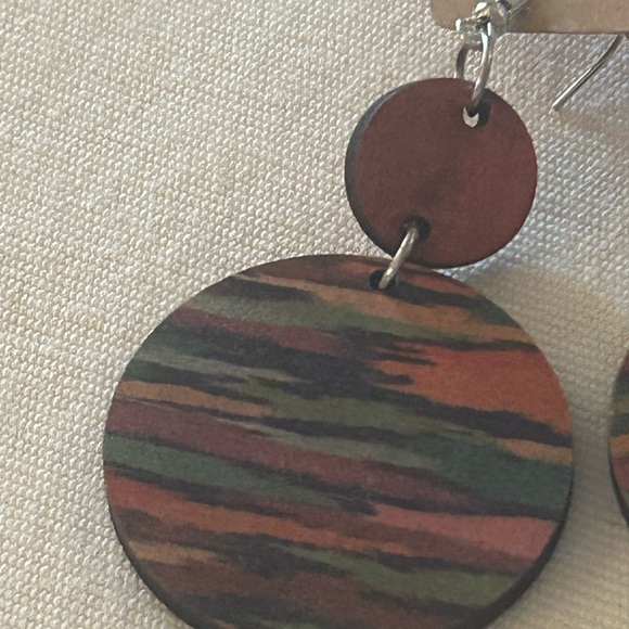 HUGE SALE! BOHO ART DECO COLORFUL STRIPED DOUBLE ROUND WOODEN DROP EARRINGS NEW - Picture 5 of 6